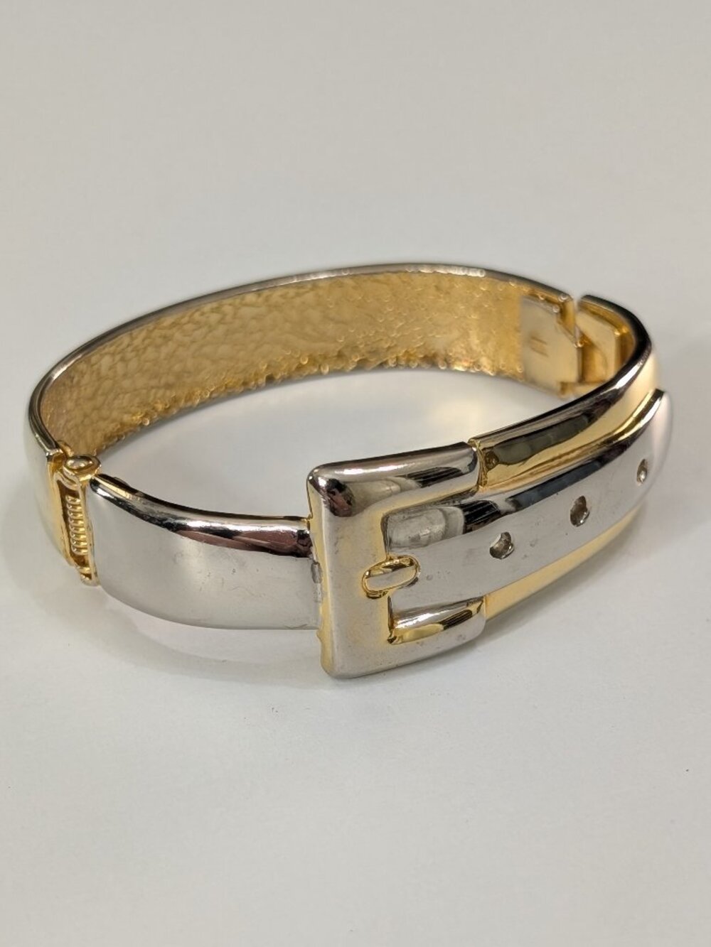 Vintage Gold & Silver Tone Belt Buckle Hinged Bangle Bracelet Quirky Cuff Artsy